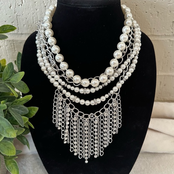 Premier Designs Pearl and Silver Toned Layered Necklaces with Enhancement Pin - Picture 1 of 10